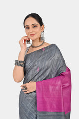 Stylish Grey & Pink Ghicha Silk Saree | Handwoven Dual Tone Saree