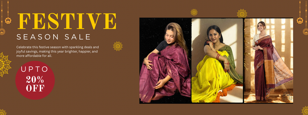 Festive season sale advertisement with women in traditional sarees and promotional text on a brown background.