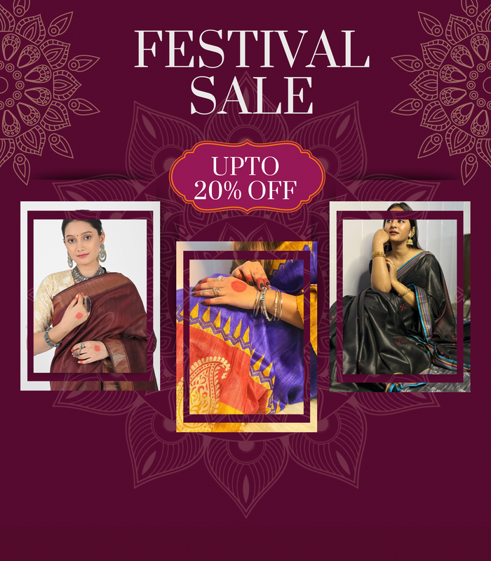 Festival sale advertisement with images of people wearing sarees and a promotional offer on a purple background.
