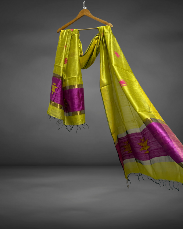 Radiant Lime Green Eri Silk Dupatta with Purple Dupion Border & Zari