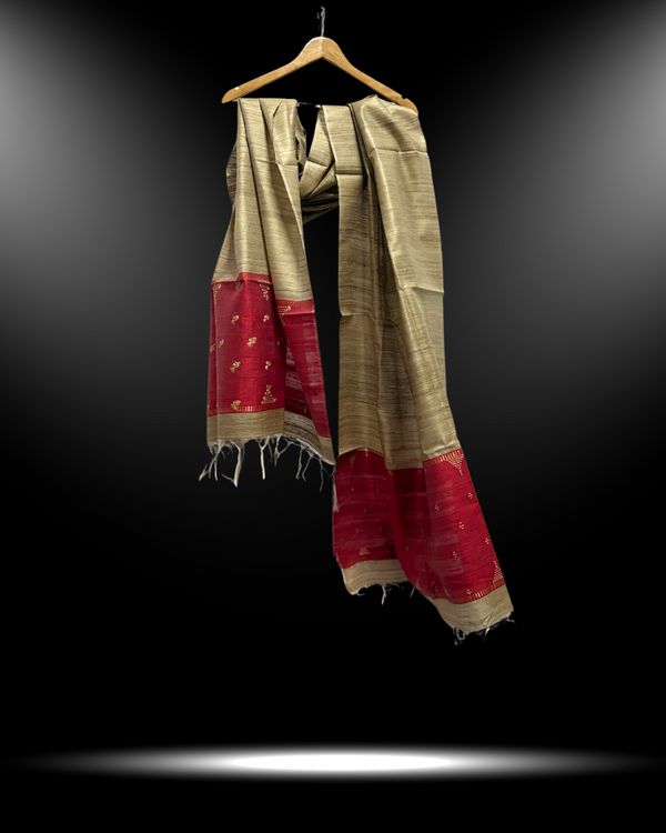 Luxurious Golden Beige Tussar Dupatta with Ruby Red Dupion Ends | Handwoven Silk
