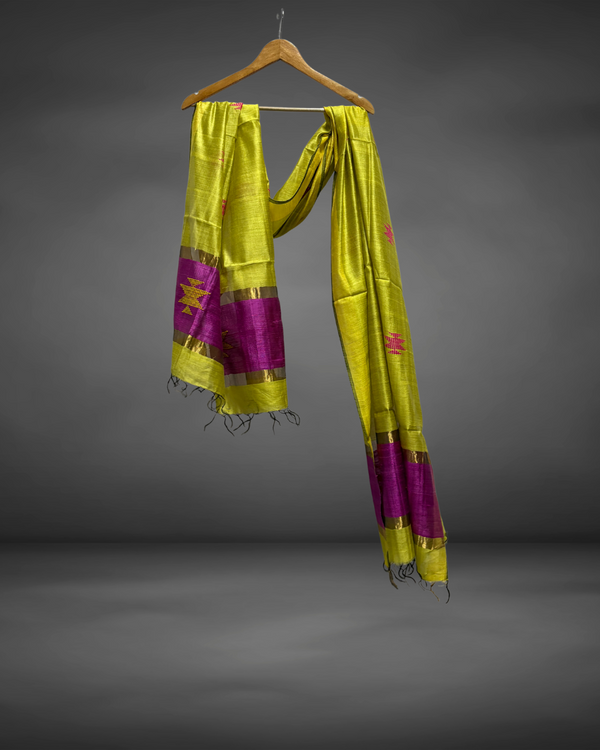 Radiant Lime Green Eri Silk Dupatta with Purple Dupion Border & Zari