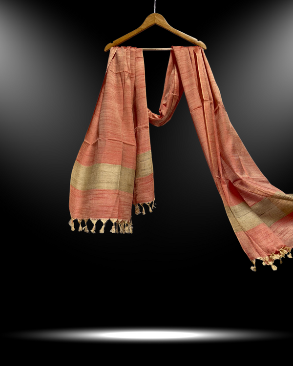Elegant Coral Peach Dupion Silk Dupatta with Beige Stripes | Handwoven Silk