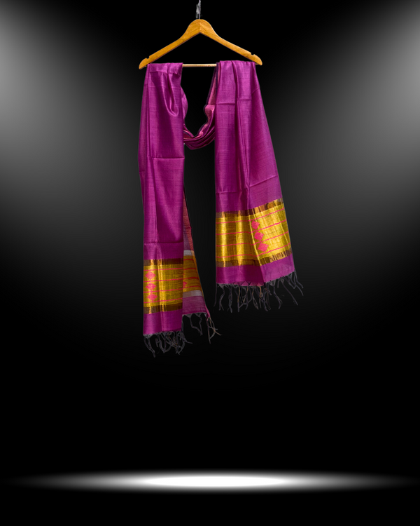 Vibrant Magenta Eri Silk Dupatta with Golden Dupion Ends | Handwoven Silk