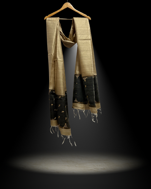 Elegant Golden Beige Tussar Dupatta with Black Dupion & Gold Motifs | Handwoven Silk