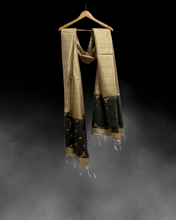 Elegant Golden Beige Tussar Dupatta with Black Dupion & Gold Motifs | Handwoven Silk