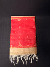 Luxurious Golden Beige Tussar Dupatta with Ruby Red Dupion Ends | Handwoven Silk