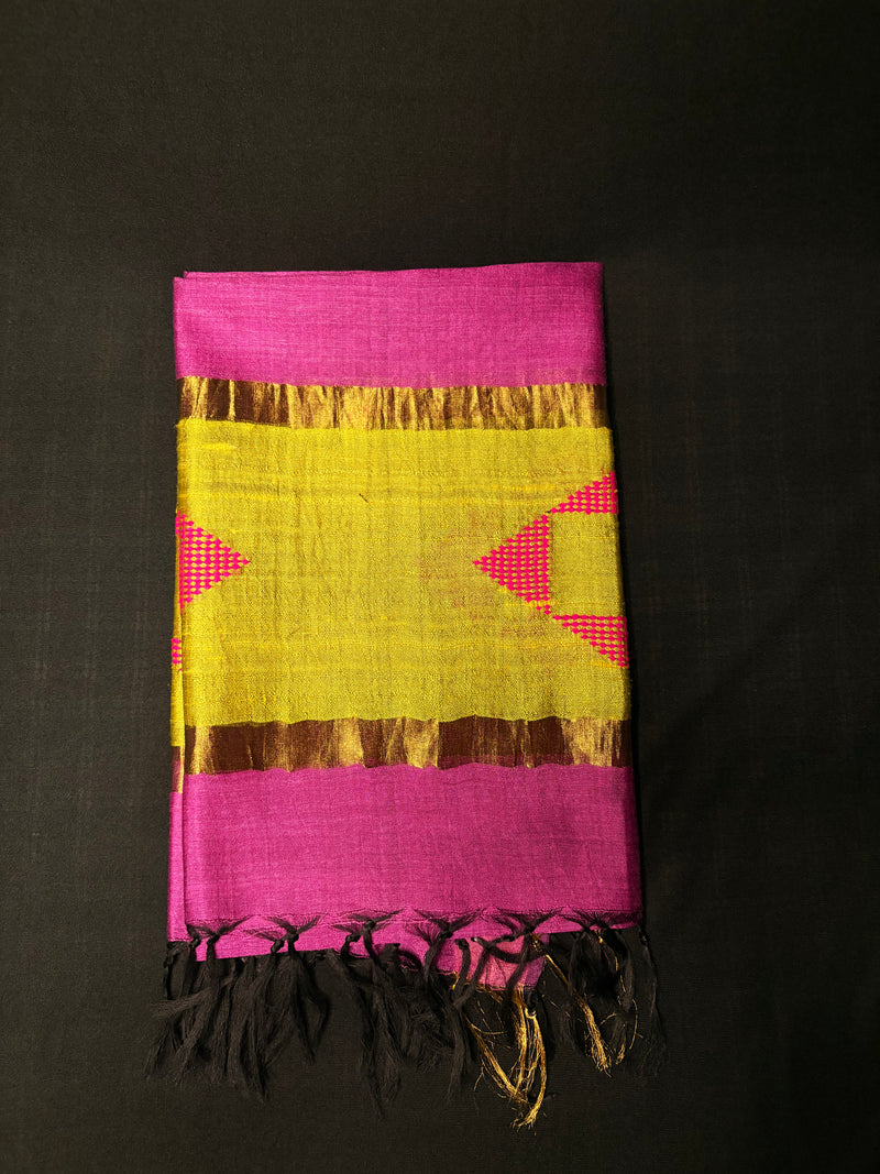 Vibrant Magenta Eri Silk Dupatta with Golden Dupion Ends | Handwoven Silk
