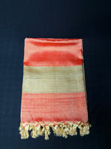 Elegant Coral Peach Dupion Silk Dupatta with Beige Stripes | Handwoven Silk