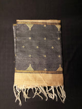 Elegant Golden Beige Tussar Dupatta with Black Dupion & Gold Motifs | Handwoven Silk
