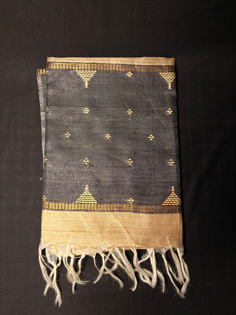 Elegant Golden Beige Tussar Dupatta with Black Dupion & Gold Motifs | Handwoven Silk
