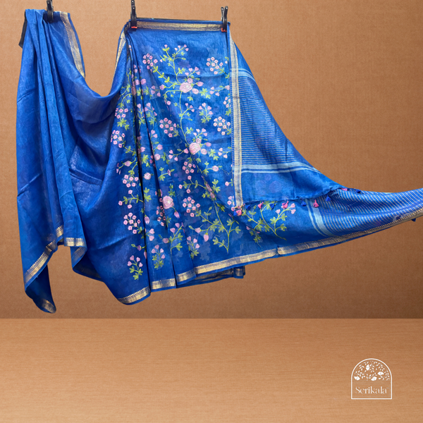 Exquisite Royal Blue Linen Saree with Pink Floral Embroidery