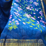 Exquisite Royal Blue Linen Saree with Pink Floral Embroidery