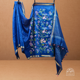 Exquisite Royal Blue Linen Saree with Pink Floral Embroidery