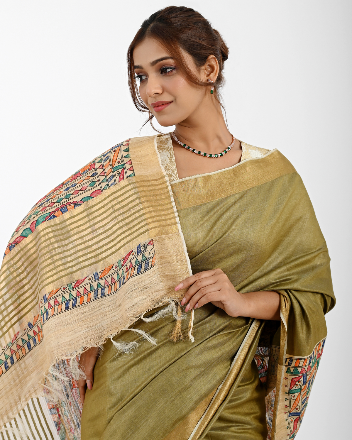OLIVE ERI SILK SAREE WITH MADHUBANI ART
