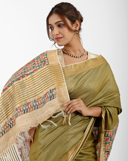 OLIVE ERI SILK SAREE WITH MADHUBANI ART