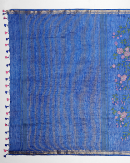 ROYAL BLUE FLORAL LINEN SAREE