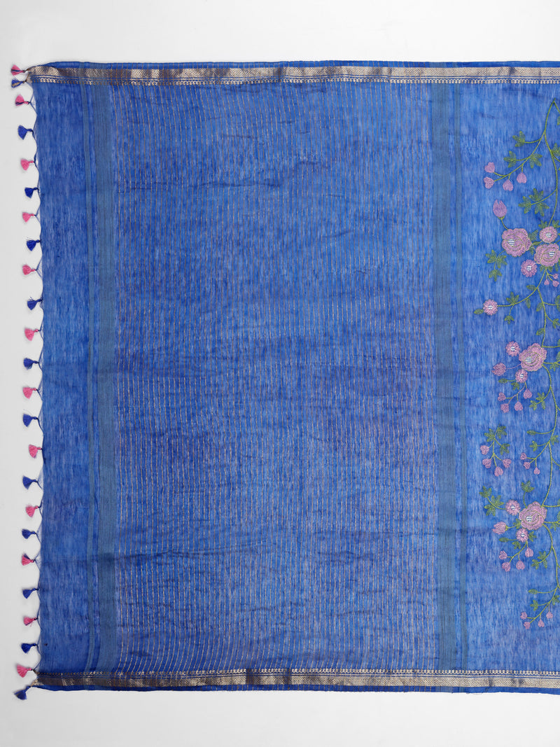 Exquisite Royal Blue Linen Saree with Pink Floral Embroidery