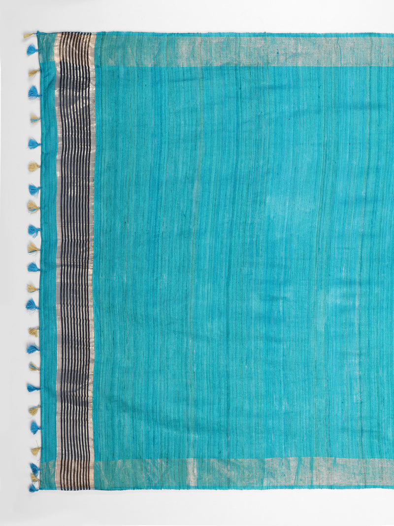 Elegant Charcoal Grey & Turquoise Blue Silk Saree