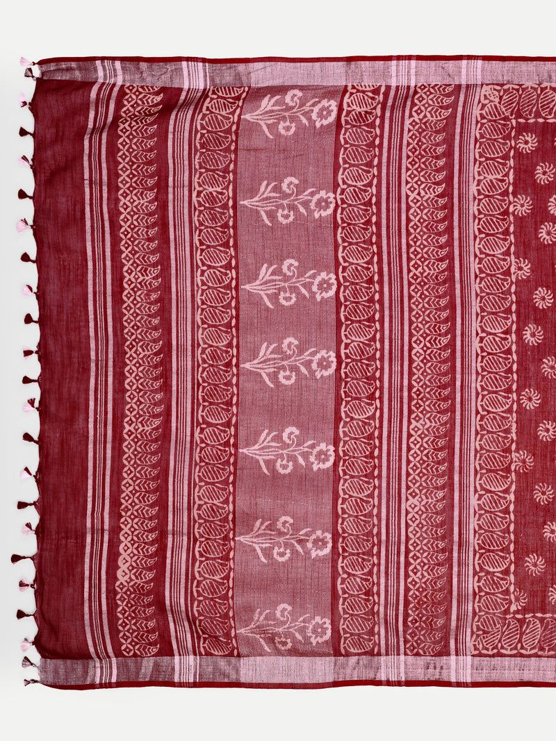 Rich Maroon Block Print Cotton Saree