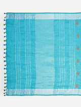 Vibrant Turquoise Blue Linen Saree with Floral Embroidery