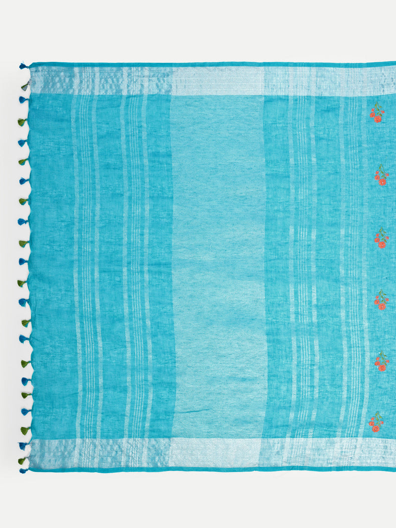 Vibrant Turquoise Blue Linen Saree with Floral Embroidery