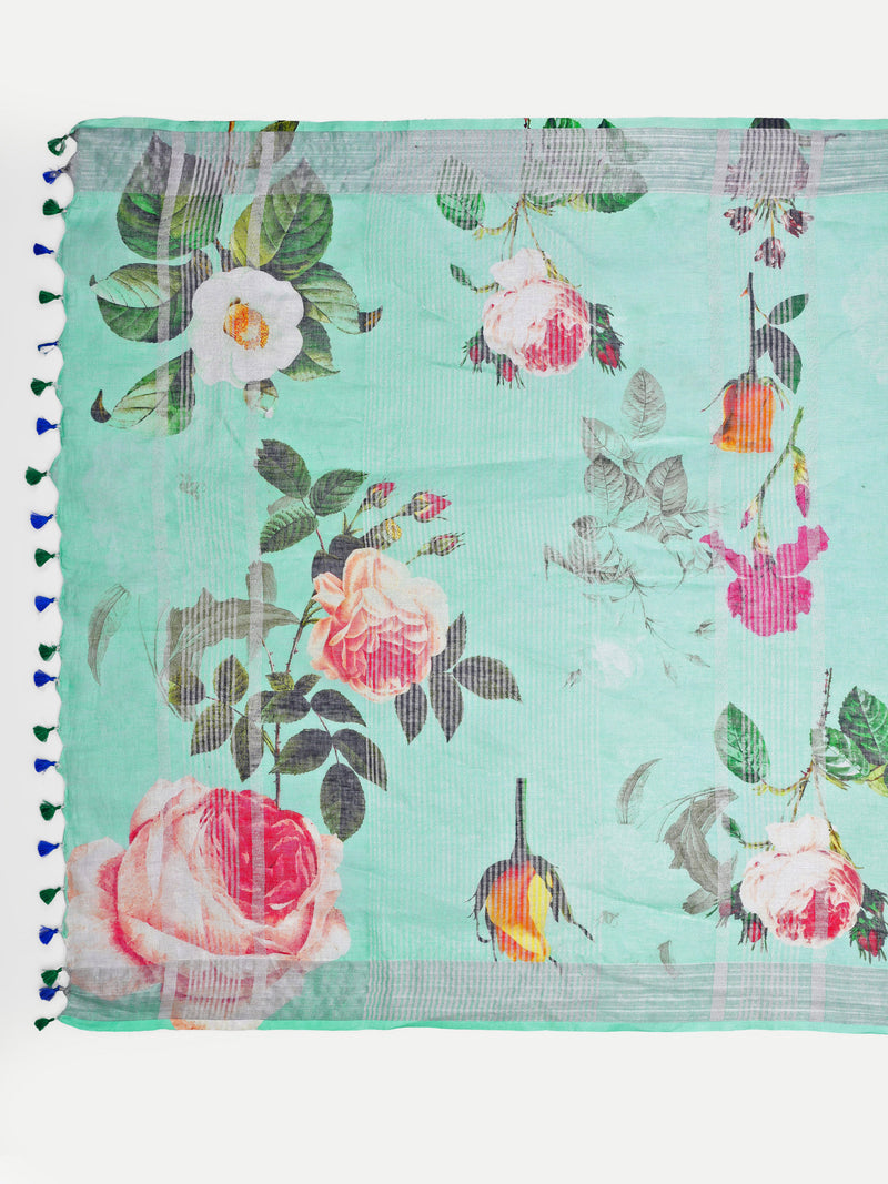 Vibrant Sea Green Digital Print Linen Saree