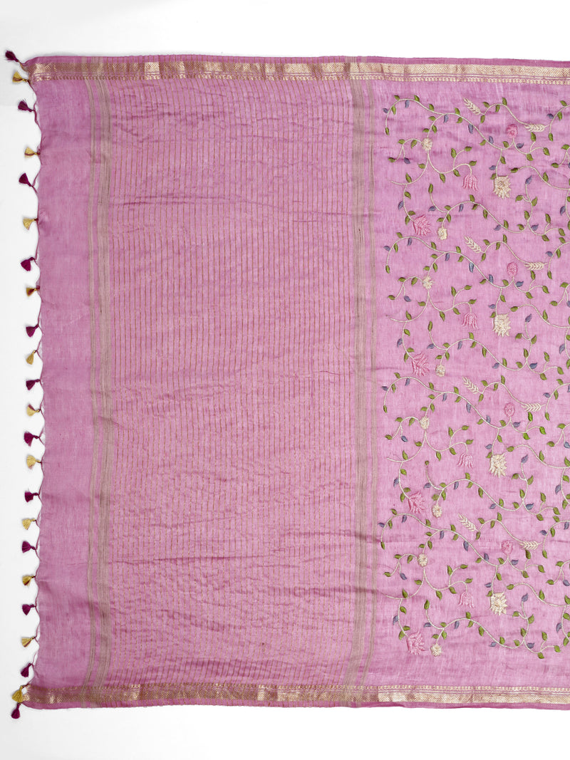 Elegant Dusty Pink Linen Saree with Floral Jaal Embroidery