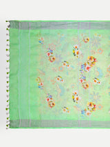 Fresh Lime Green Floral Digital Print Linen Saree