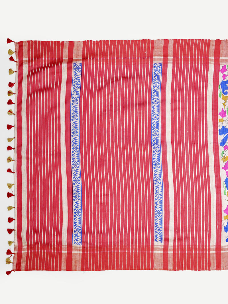 Artistic Hand-Painted Ghicha Silk Saree with Striped Pallu