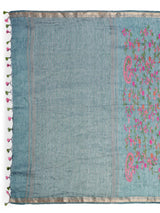 Elegant Dusty Teal Tussar Linen Saree with Floral Embroidery
