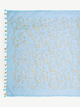 Serene Sky Blue Linen Saree with Golden Floral Embroidery