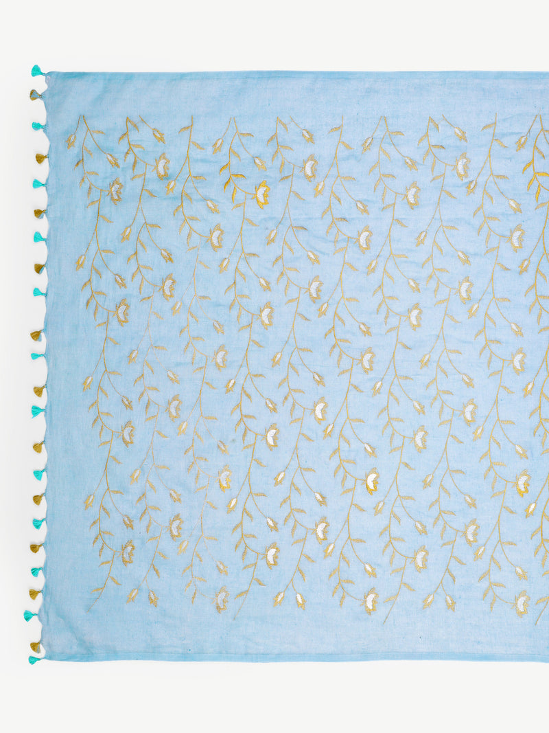 Serene Sky Blue Linen Saree with Golden Floral Embroidery