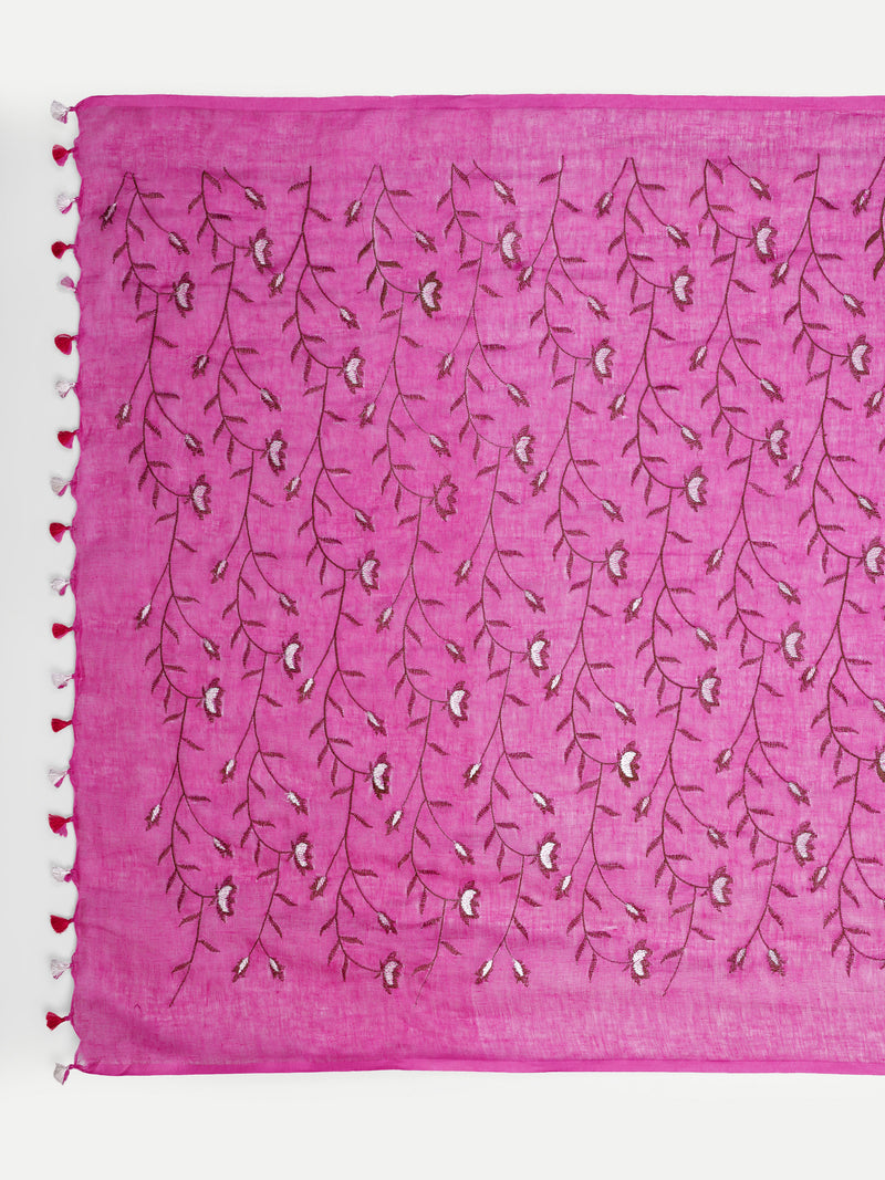 Exquisite Rani Pink Linen Saree with Floral Jaal Embroidery
