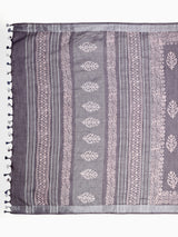 Elegant Grey Block Print Cotton Saree