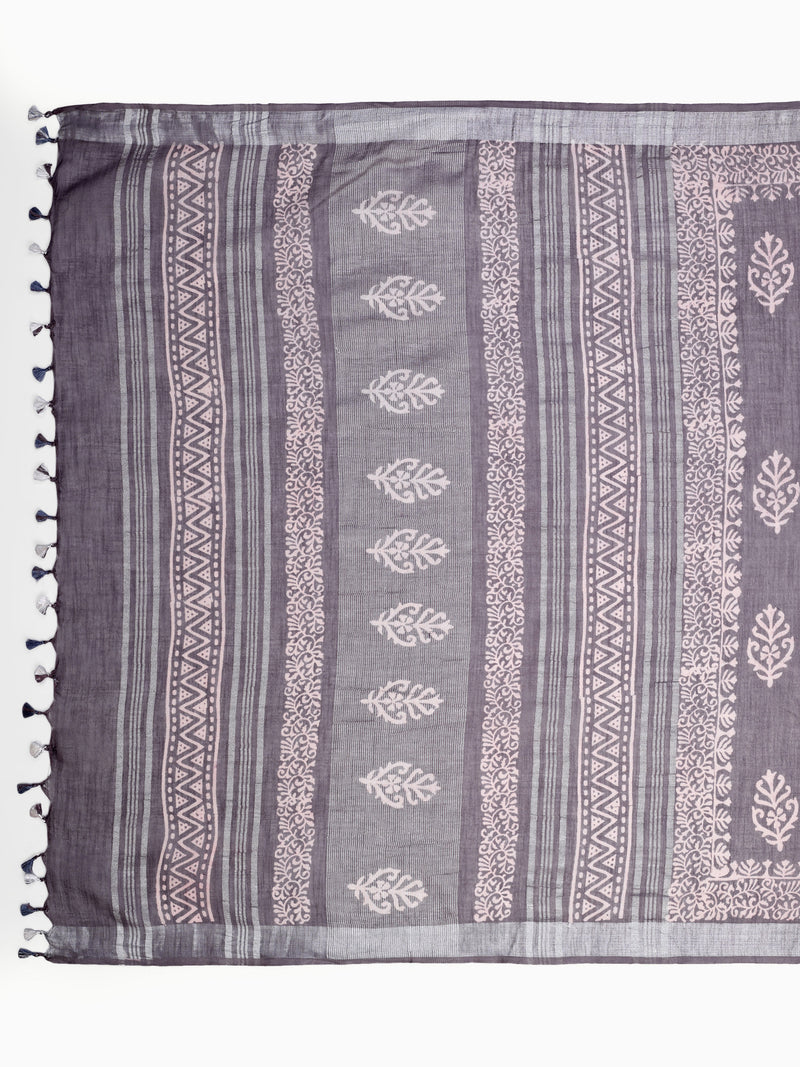 Elegant Grey Block Print Cotton Saree