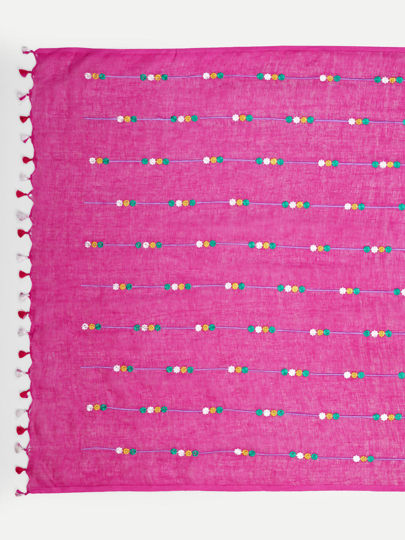 Vibrant Rani Pink Linen Saree with Colorful Embroidery