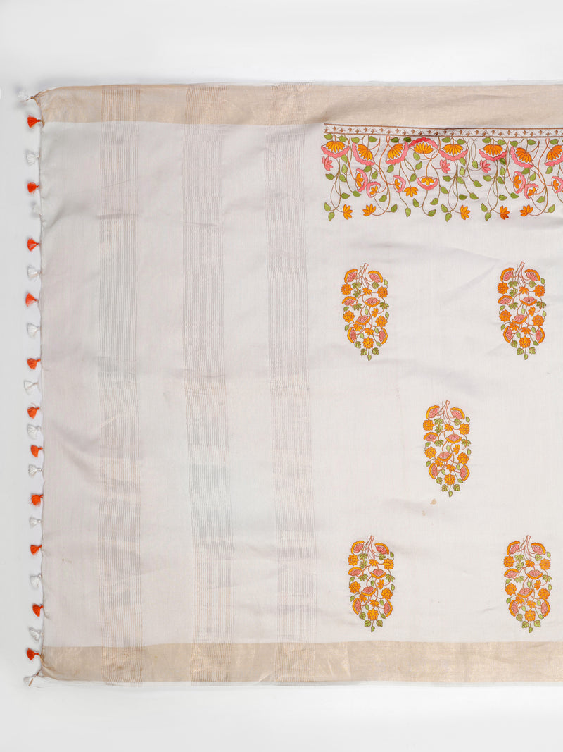 Elegant Off-White Modal Silk Saree with Floral Embroidery