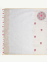 Elegant Beige & Silver Zari Linen Saree with Mandala Embroidery