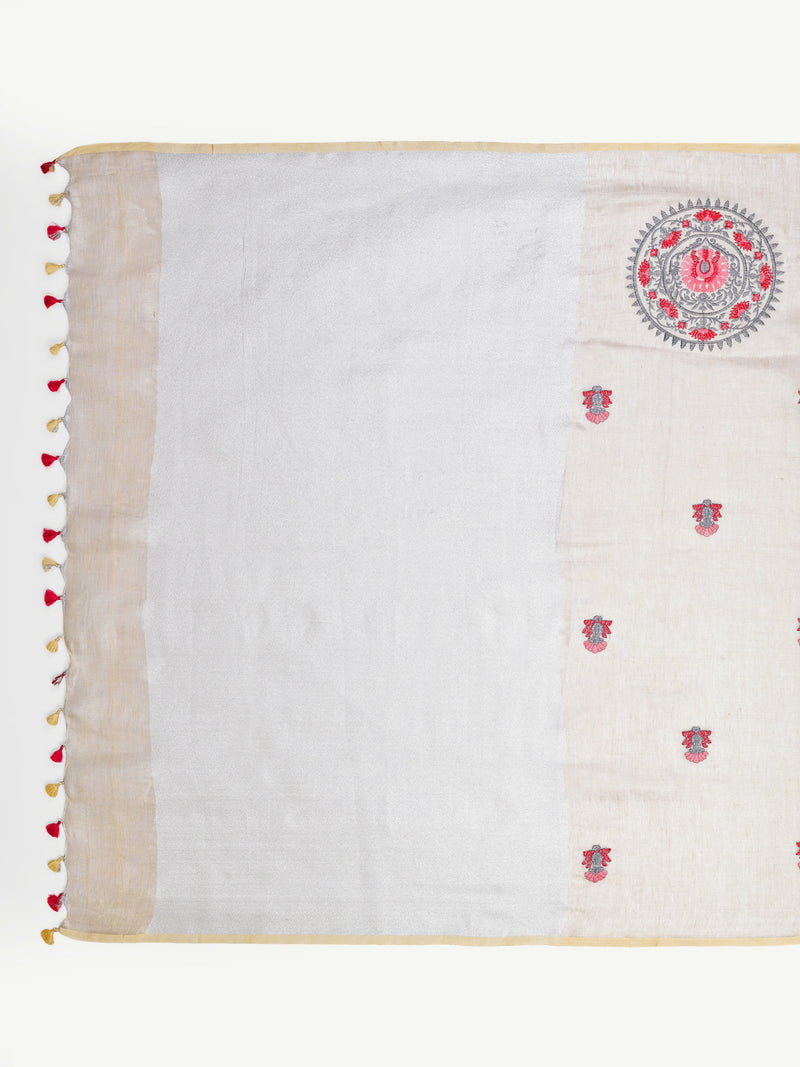 Elegant Beige & Silver Zari Linen Saree with Mandala Embroidery