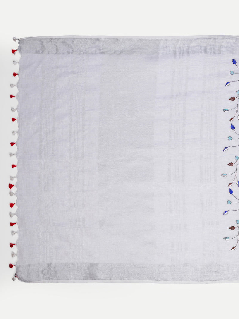 Elegant White & Grey Linen Saree with Embroidery