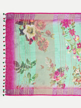 Vibrant Sea Green & Rani Pink Digital Print Linen Saree