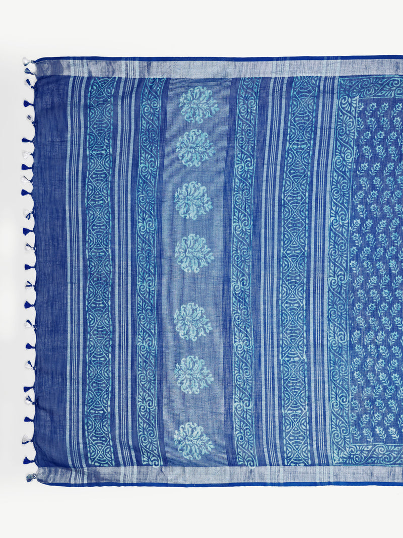 Classic Indigo Blue Block Print Cotton Saree