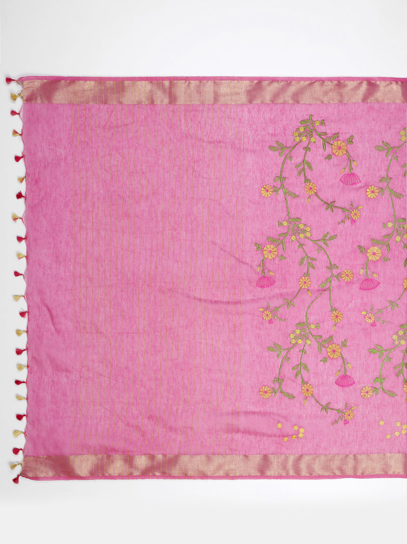 Vibrant Rani Pink Kota Linen Saree with Gold Zari & Embroidery