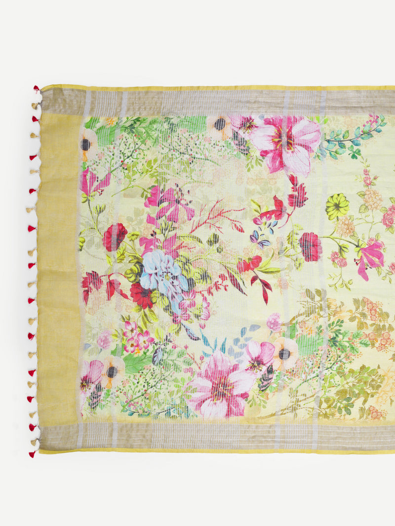 Sunny Yellow Floral Digital Print Linen Saree