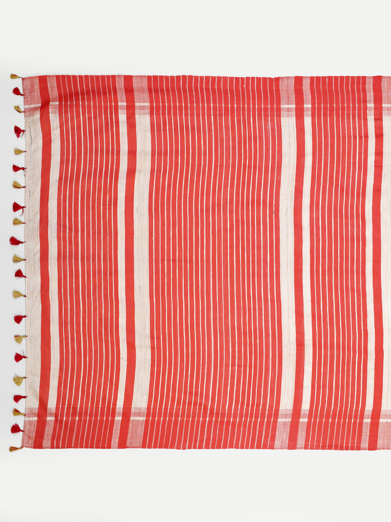 Classic Red & Off-White Striped Ghicha Silk Saree