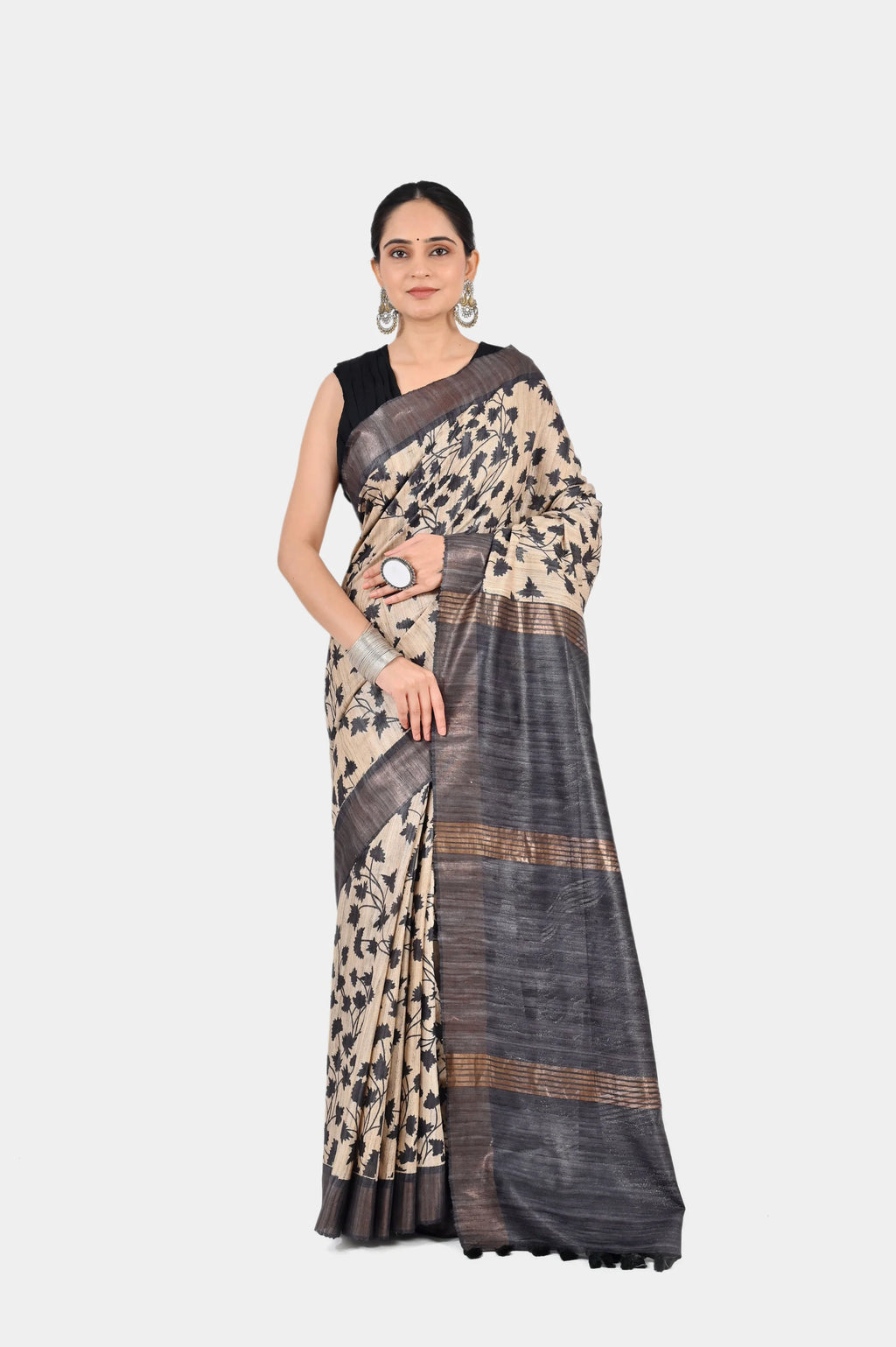 BEIGE BLACK GHICHA SILK SAREE - Hand - woven