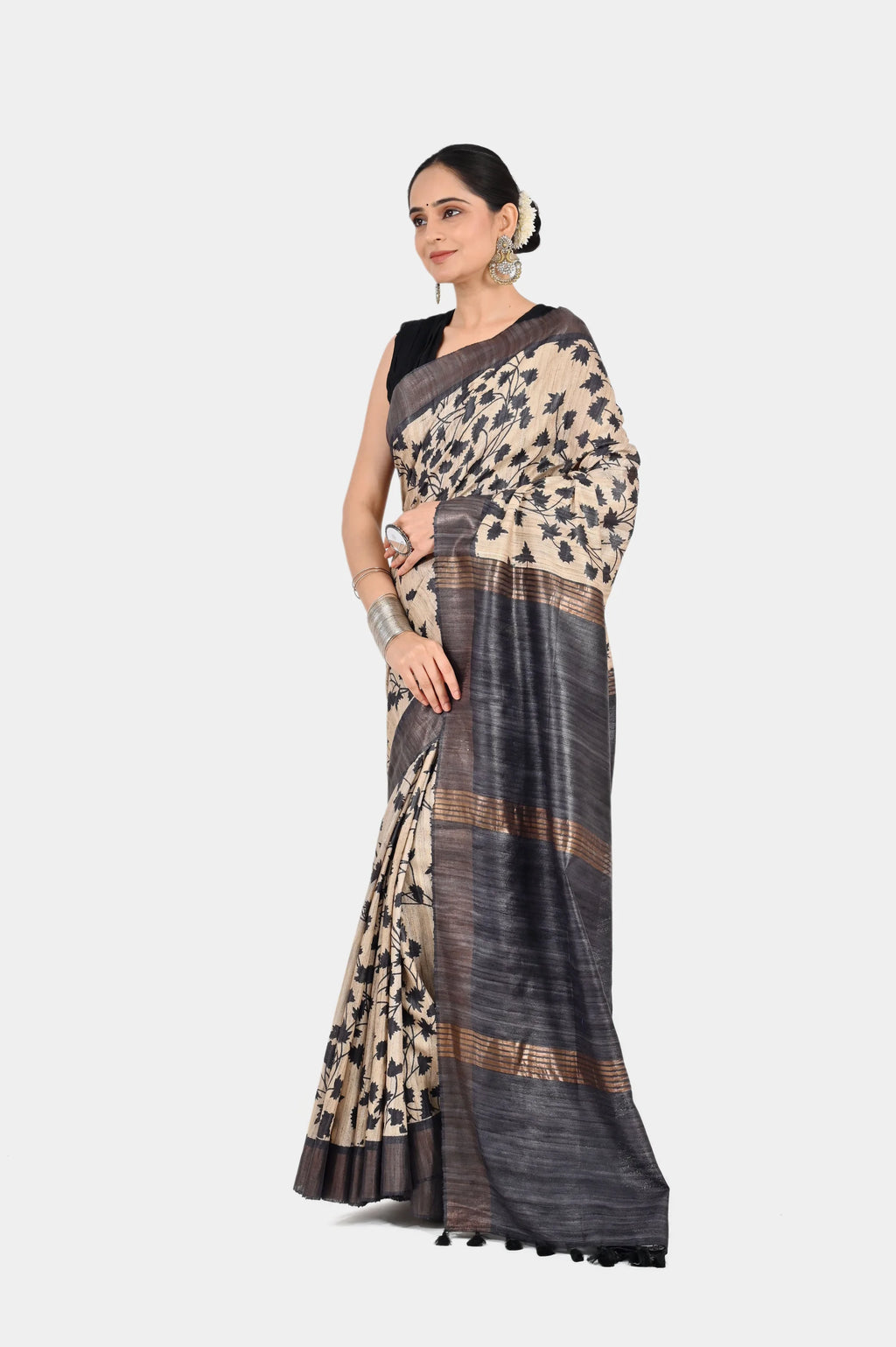 BEIGE BLACK GHICHA SILK SAREE - Hand - woven