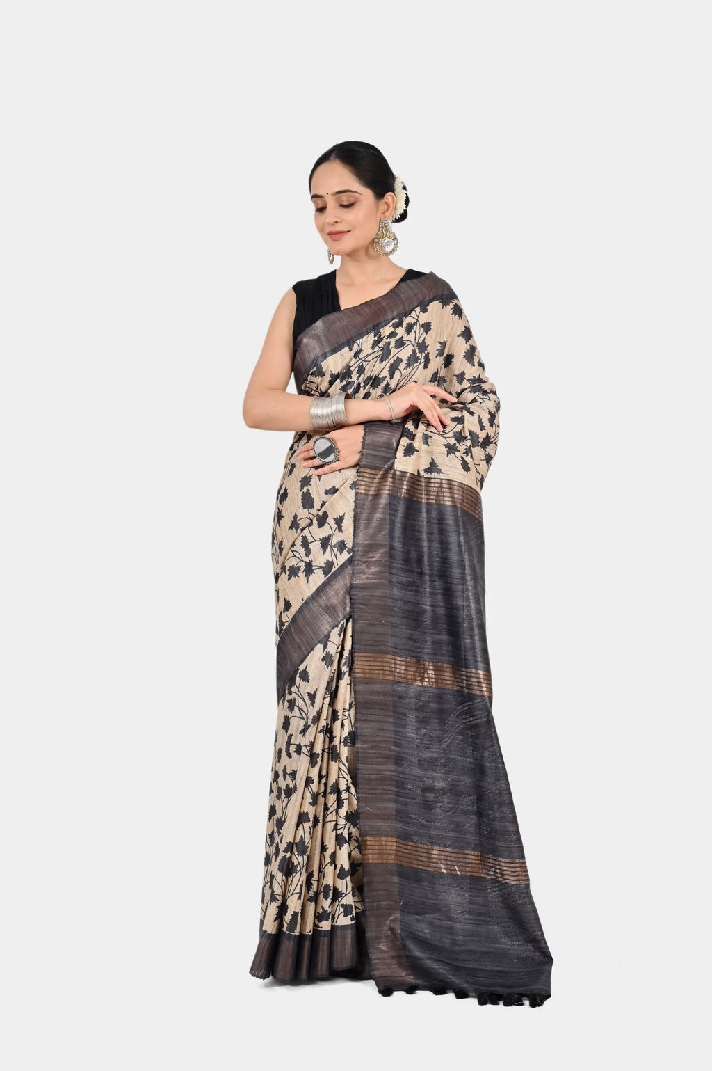 BEIGE BLACK GHICHA SILK SAREE - Hand - woven