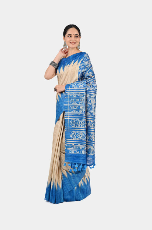 BEIGE & BLUE GHICHA SILK SAREE WITH IKAT PRINT - Hand - woven